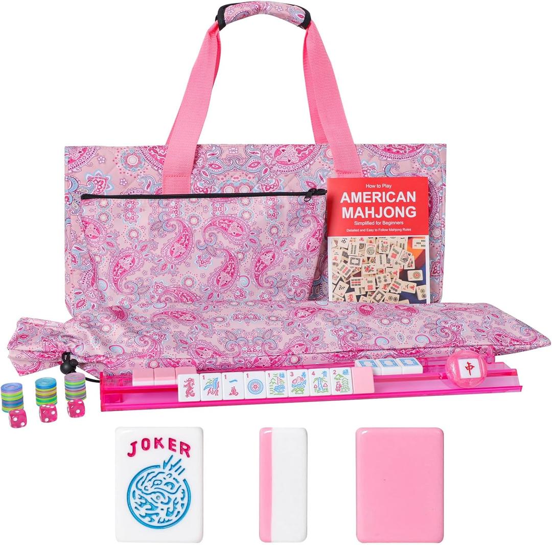 American Mahjong Game Set, 166 Pink Tiles (1.2"), 4 All-in-One Color Rack/Pushers & Drawstring Bag, Complete Mahjong Sets with Pink Printed Carrying Bag and Mahjong Tile Set Accessories