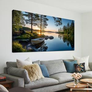 SSNEEKNDG Large Green Landscape Canvas Wall Art for Living Room Forest Lake Sunset Canvas Prints Nature Scenery Artwork for Bedroom Office Home Decor Ready to Hang 29x58 Inch