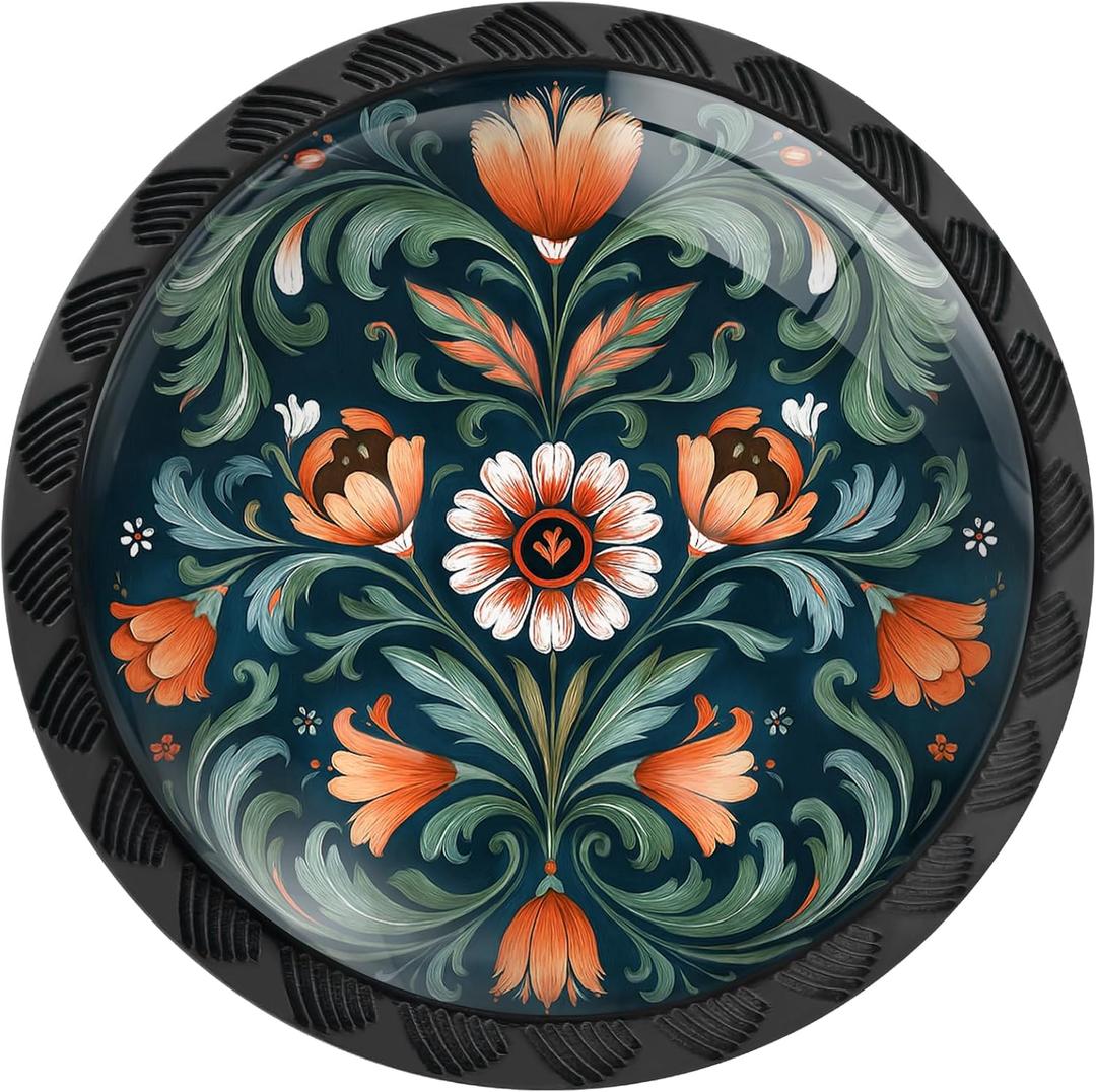 4 Pack Norwegian Rosemaling Folk Style Green Flower Cabinet Knobs Round Drawer Pulls Black Dresser Knob Cupboard Door Handles Hardware for Kitchen Bathroom Cabinets, 4PCS - 1.37"L x 1.1"W