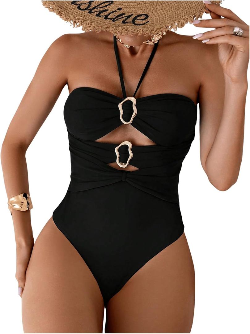 Verdusa Women's Cut Out One Piece Swimsuit Backless Halter Bathing Suit (Large, Black)