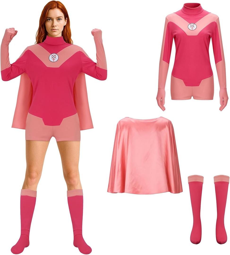 Women Eve Costume Pink Jumpsuit Cloak Hero Bodysuit Outfit Halloween Cosplay Uniform Suit