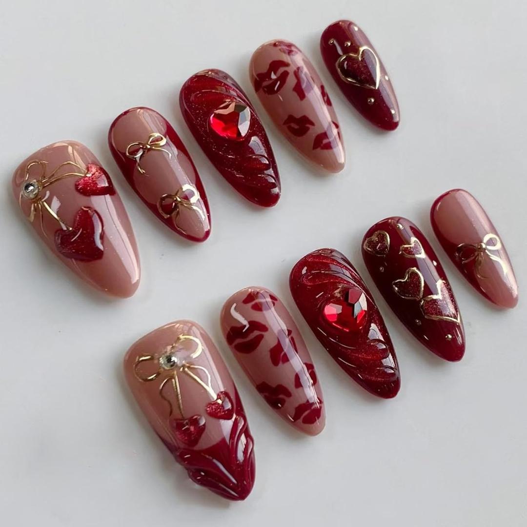 Red Press on Nails Heart Diamond Fake Nails with Cherry Design Bow Glue on Nail Glitter Medium Almond Stick on Nails Glossy Full Cover Acrylic Lip Print False Nail for Women Manicure 24Pcs