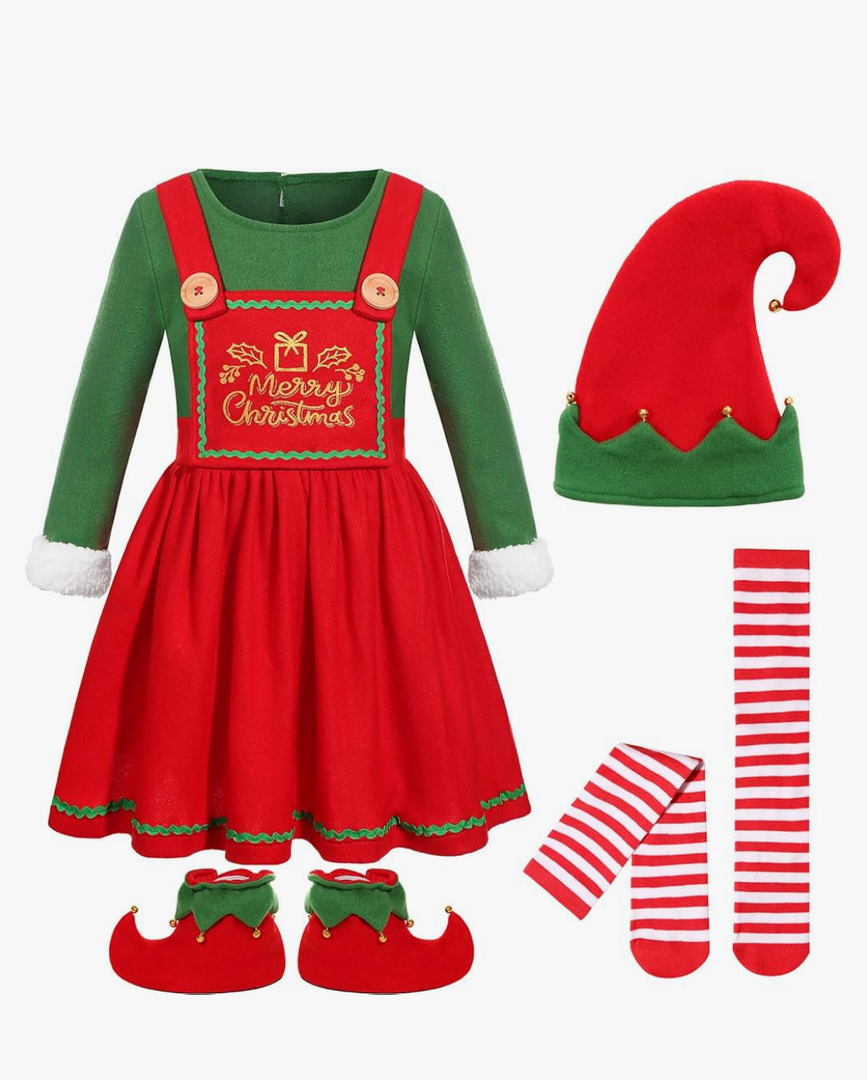 Elf Costume for Girls Kids Christmas Elf Outfit, Size Medium