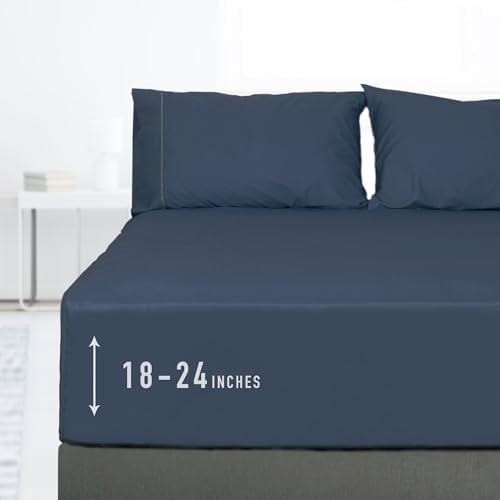 Sunflower Queen Fitted Sheet, 1-Piece Extra Deep Pocket Fitted Bottom Sheet 22", 100% Cotton Sateen Soft Breathable, Blue Indigo