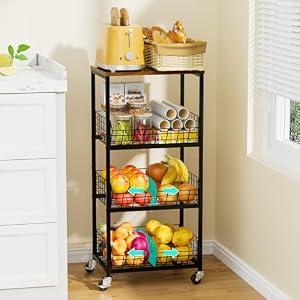 HapiRm Kitchen Fruit Vegetable Cart - 4 Tier Rolling Storage Rack with Wheels and Dividers, Coffee Station Cart Rack Shelf Organizer for Onion, Potato, Snack, Fruit, Vegetable Storage Stand, Black