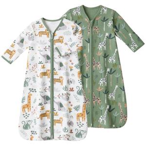 Baby Sleep Sack 0-6 Months, Long Sleeve Baby Wearable Blanket 0.5 Tog with Mittens, 2-Way Zipper Newborn Cotton Sleeping Sack for Boy and Girl Green Giraffe 2 Pack (Small)