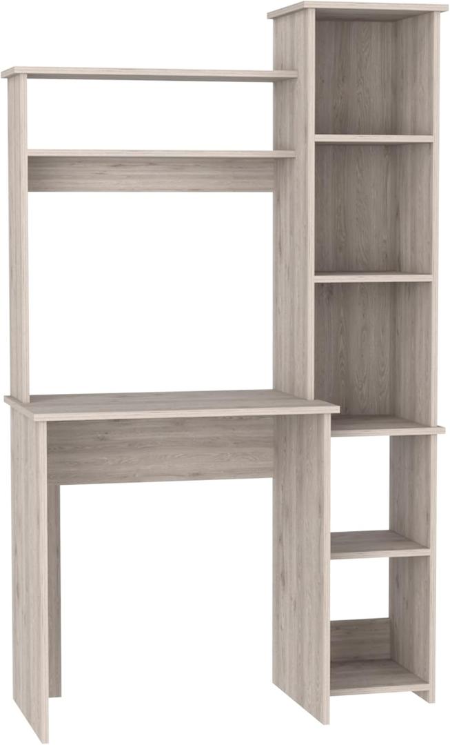 Tuhome Versailles Writing Desk with Integrated Bookcase 2 Upper Display Shelves & 5Tier Side Storage,SpaceSaving Office Computer Table, Sturdy Particleboard Construction, Easy Assembly,Gray Finish (Light Grey)