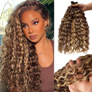 Ombre Water Wave I Tip Hair Extensions Human Hair 22 Inch Cold Fusion Hair Extensions Medium Brown Highlighted Blonde #4P27 Curly Wavy Pre Bonded Stick I Tip Real Human Hair Extensions 50 Strands 50g