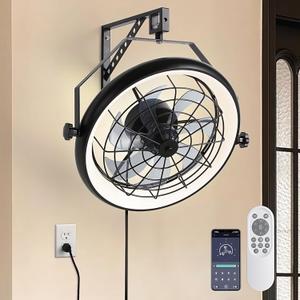 23" Wall Mount Fan with Remote App Control, Quiet 6 Speed Wall Mounted Fan with Light and Timer, 3 Color Dimmable, 360 Adjustable Tilt Plug in Ceiling Fan for Garage, Home, Greenhouse, Patio