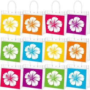 Kolldenn 12 Pcs Hibiscus Clear Gift Bags with Handles, Tropical Floral Hawaiian Tote Bags, PVC Plastic Goodie Handbags for Summer Beach Birthday Party Favors, 9.84x 9.84x 3.54 in