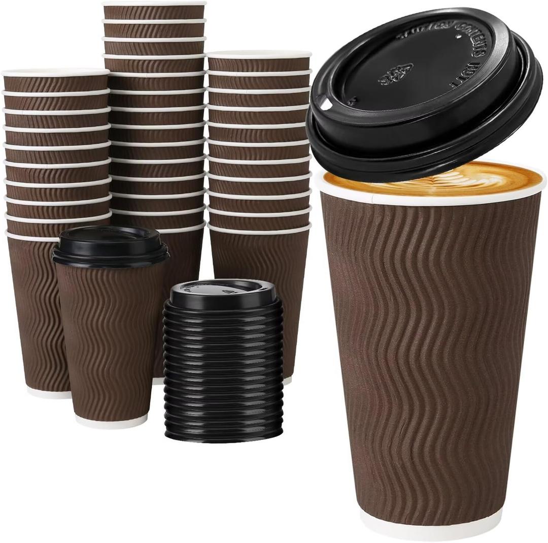 Huifany 16 oz Coffee Cups with Lids 50 Pack, Disposable Coffee Cups with Lids, Insulated To Go Paper Coffee Cup for Hot Cold Drinks