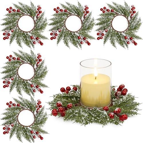 Scawim 6 Pcs Christmas Candle Rings, 3.7 Inch Center Xmas Artificial Candle Rings Wreath Cedar Berries Snowy Pine Needles, Candles Rings Holder for Table Centerpiece Winter Home Party Kitchen Window