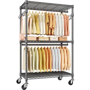ULIFHOME P1 Rolling Clothing Rack with Lockable Wheels, Heavy-Duty Garment Rack for Hanging Clothes, Portable Closet Wardrobe with Shelves, 35.5" W x 15.7" D x 80.5" H, Hold 500lbs, Grey