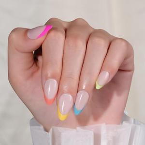 Frinail Colorful French Tip Press On Nails Short Almond,30Pcs Summer Rainbow Soft Gel French Nails Press Ons, Almond Glue On Nails with Nail Glue, Reusable Stick On Nails in 15 Sizes