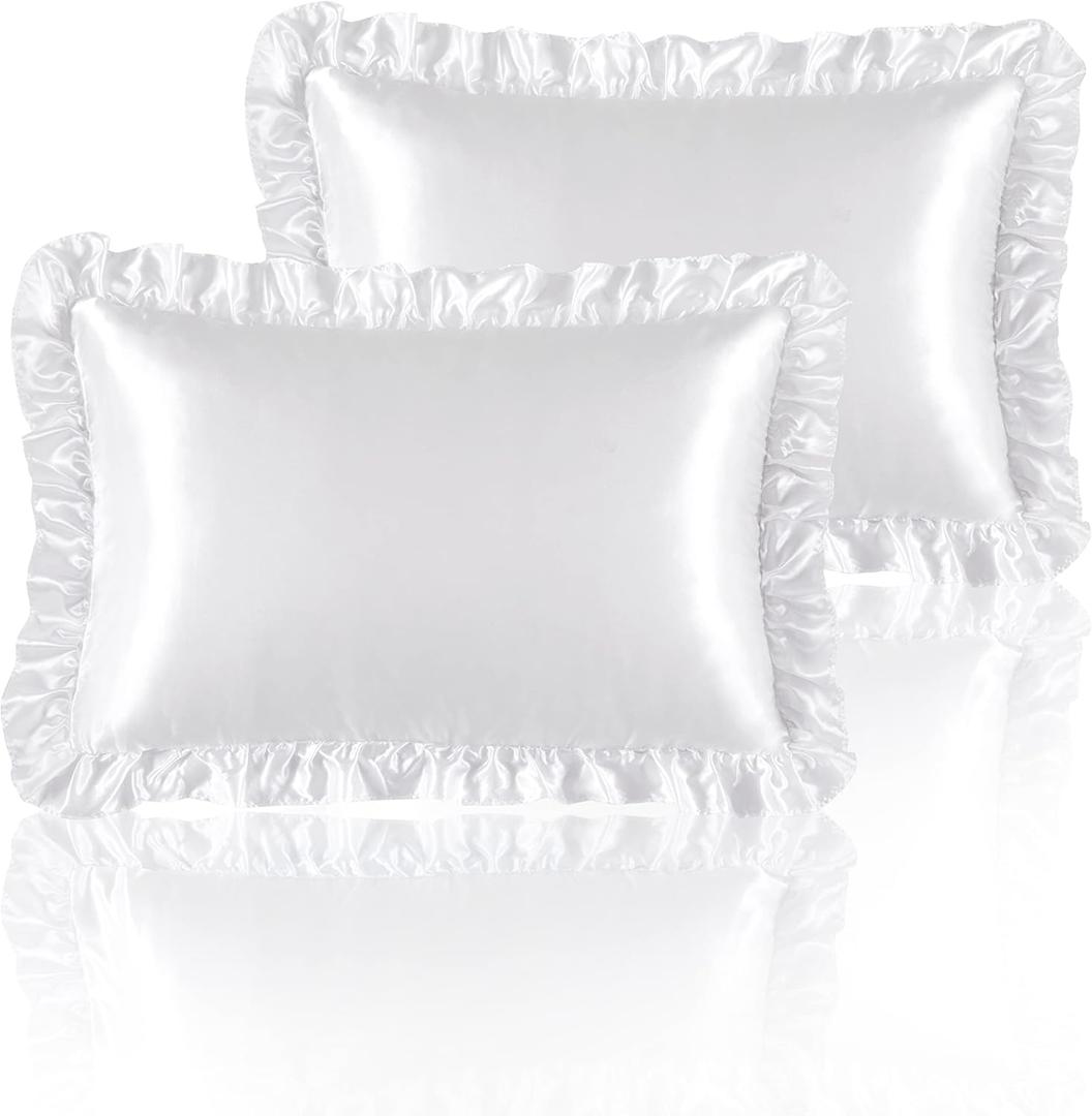 White Satin Ruffled Pillow Cases for Hair and Skin,White Silk Pillowcases Standard Set of 2 with Envelope Closure Princess Room Decoration