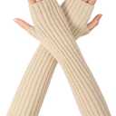 Women's Long Fingerless Gloves Stretch Arm Warmers Fashion Knit Arm Sleeves for Women Thumb Hole Stretchy Gloves (Beige)