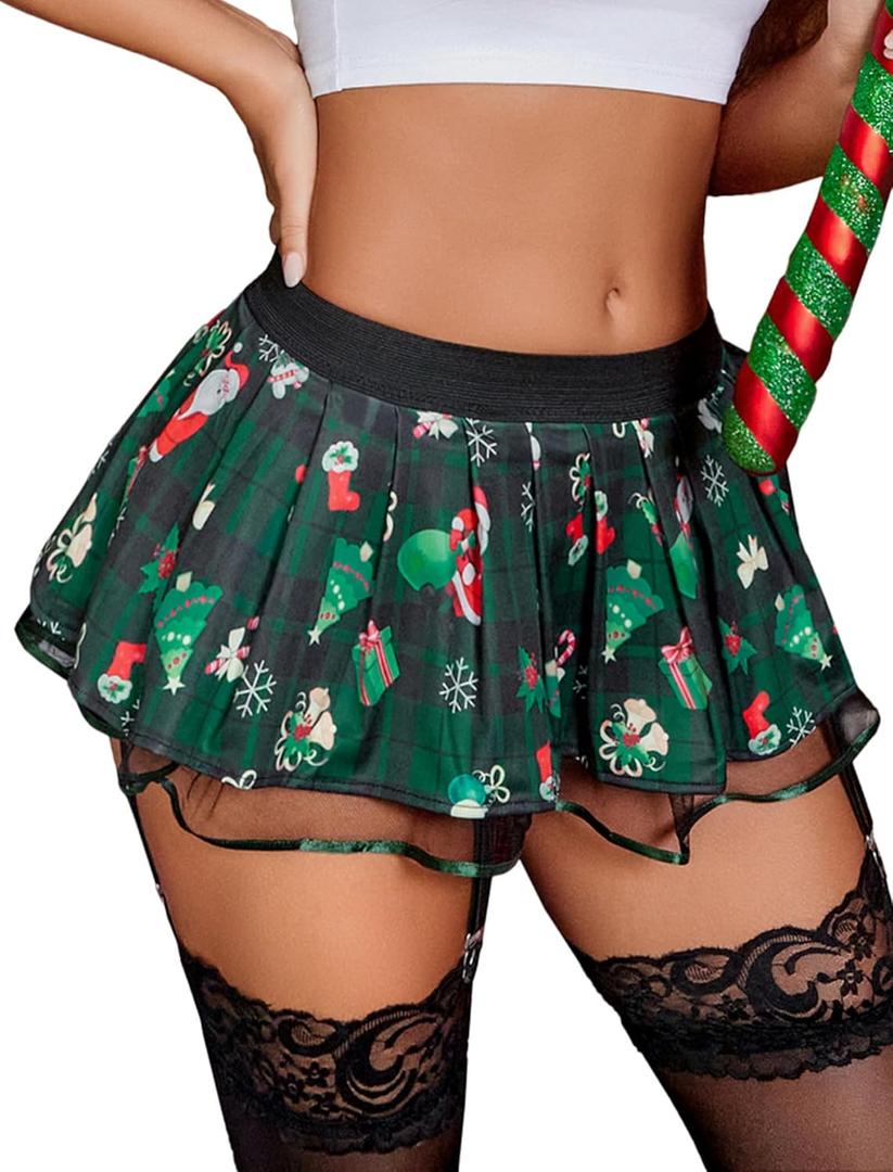 Avidlove Women Lingerie Role Play Pleated Costume Mini Skirt with Garter Schoolgirl Outifts (Medium, Green Christmas)