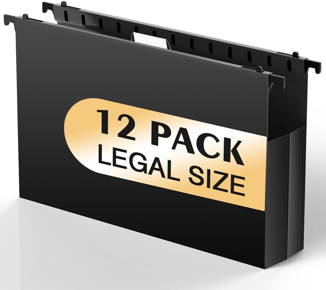 Extra Capacity Legal Size Hanging File Folders,12 Pack Reinforced Plastic Hanging Folder, Heavy Duty 2 Inch Expansion, Filing Cabinet Folders for Bulky Files, Medical Charts, Black (Black (With Side))