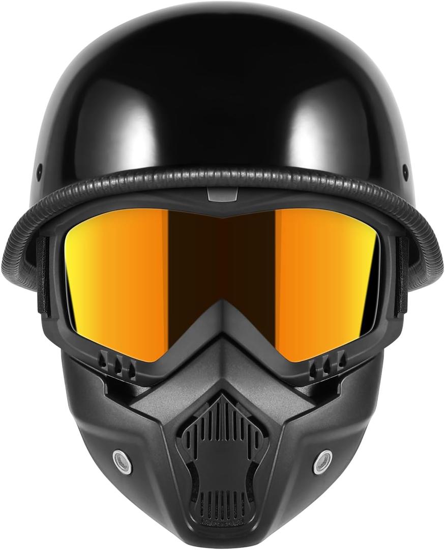 Motorcycle Half Helmets with Face Shield, German Style Motorcycle Helmet for Adult Men Women, DOT Approved Retro Half Shell Helmet for Moped Cruiser Scooter (X-Large, 1Bright Black)