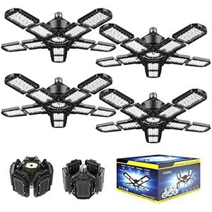 Nexillumi 4-Pack Led Garage Light 180W, 36000LM LED Shop Lights with E26/E27 Medium Base, 6000K Deformable Garage Lights Ceiling LED with 10+1 Adjustable Panels for Garage, Workshop, Attic, Basemen