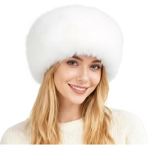 Fluffy Faux Fur Fuzzy Warm Winter Bucket Hat Cap for Women (White)