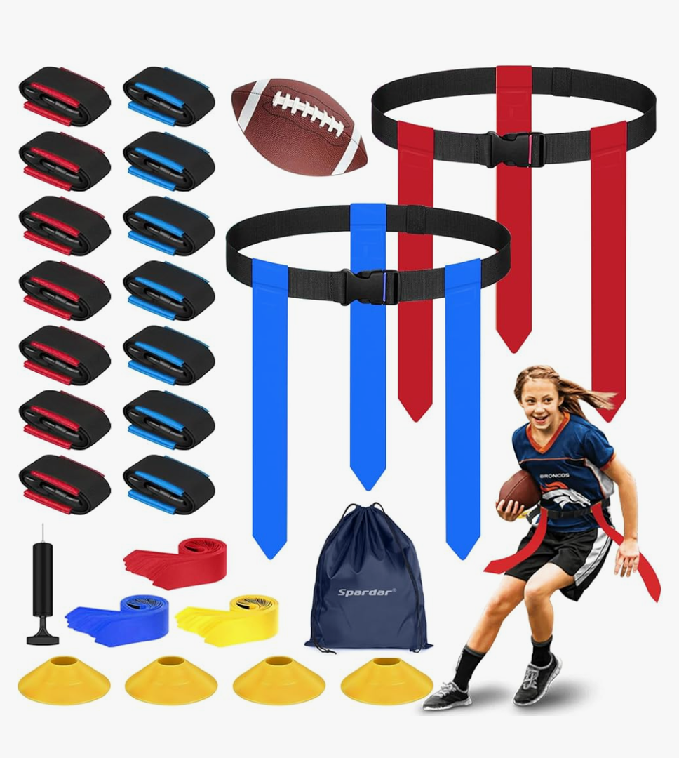 Spardar Flag Football Set, 14 Players Adjustable Flag Football Belts with Size 3 Football, 4 Practice Cones, Pump and Bag