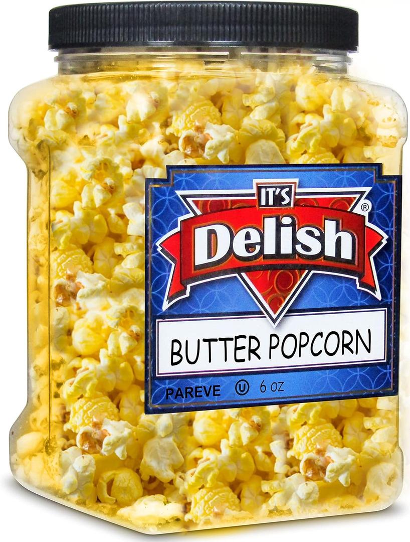 It's Delish Gourmet Butter Popcorn, 6 Oz Reusable Jumbo Container Jar | Vegan Butter Flavored Popcorn | Air Popped Pop Corn Healthy Snacks | Gluten Free, Non-Dairy, Vegan, Kosher, Yellow, White (16 Ounce (Pack of 1)), Best By: 17/JUN/27