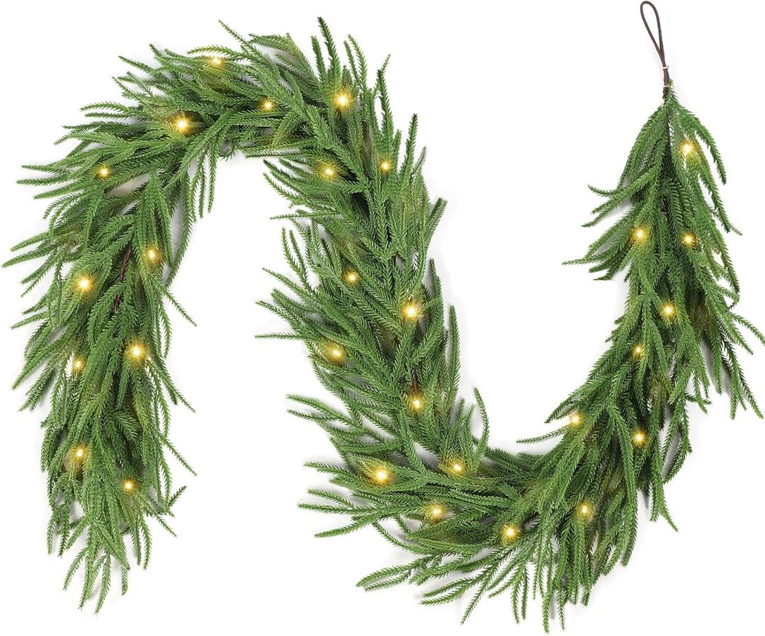 9FT Christmas Garland with LED String Lights, Norfolk Pine Garlands, Real Touch, Artificial Greenery Garland, Waterproof for Indoor&Outdoor, Fireplace, Banister, Wall,Christmas Holiday Decor