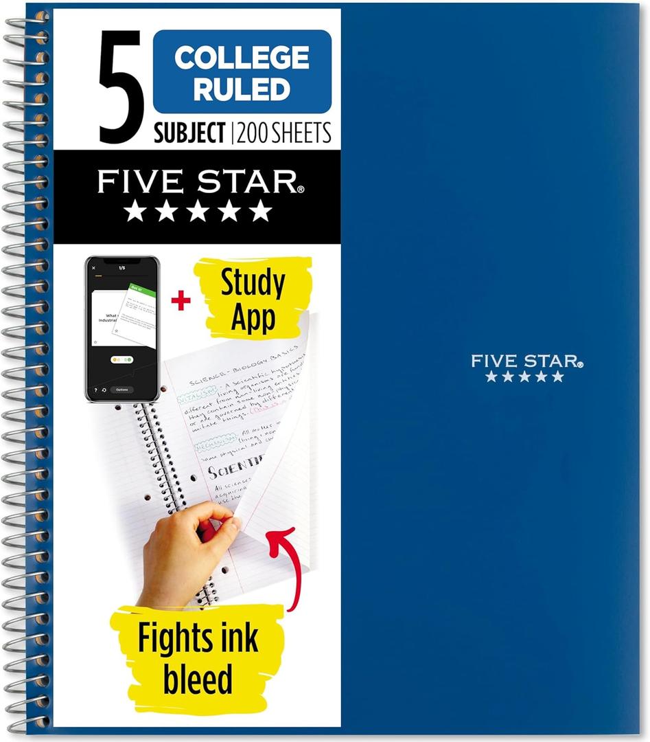 Five Star Spiral Notebook + Study App, 5 Subject, College Ruled Paper, 8-1/2" x 11", 200 Sheets, Fights Ink Bleed, Water Resistant Cover, Pacific Blue (73635)
