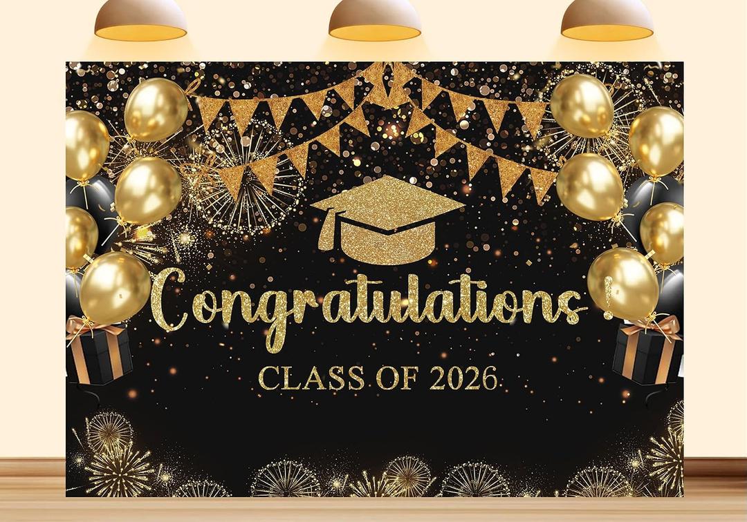 Class of 2026 Graduation Backdrop, Black and Gold Congratulations Party Background, Grad Prom Celebration Balloons and Streamers Decorations Banner Photo Booth Props 7X5ft Fabric