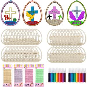 40 Pcs Easter Wooden Ornament Craft, DIY Wooden Eggs Ornaments Craft Kit for Kids Make Your Own Christian Religious Easter Egg Set with Pens and Gem Sticker Party Supplies