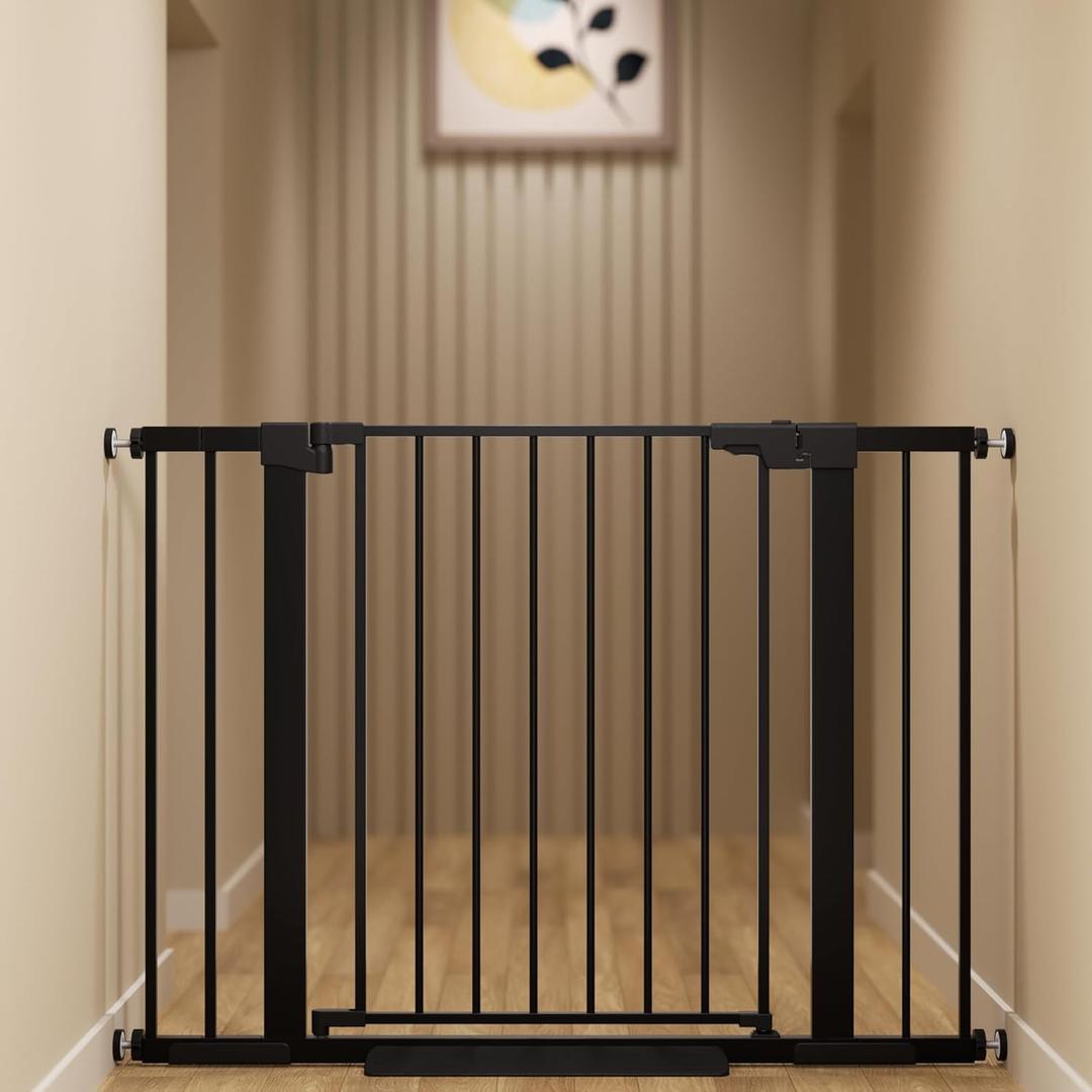 29-42 inches Metal Baby Gate for Stairs/Doorways, 30 inches Tall Pressure Mounted Pet Gates, Auto-Close Child Safety Gate, No Drilling Easy Walk-Through Dog Gate Indoor, Black