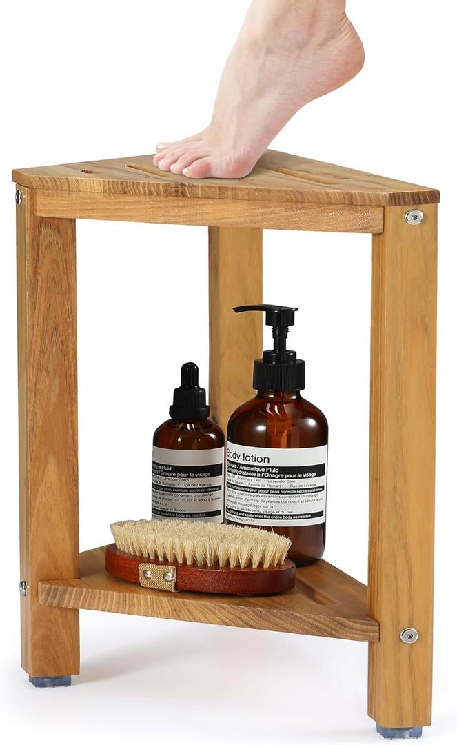 Teak Corner Shower Stool 15in, Wood Shower Bench Seat with Storage Shelf, Waterproof Shower Foot Stool for Shaving Legs, Ideal for Inside Shower or Bathroom