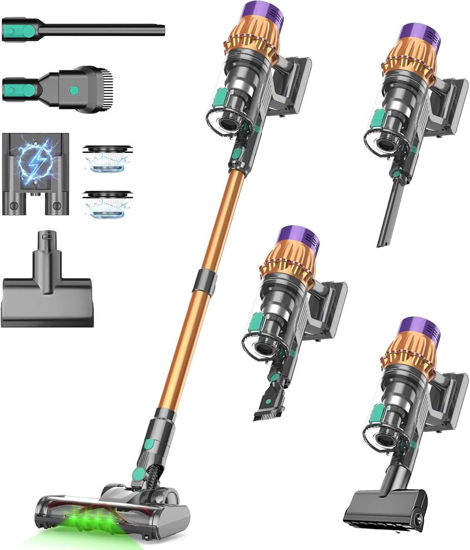 Cordless Vacuum Cleaner 650W 55KPA 70 Mins, Vacuum Cleaners for Home, Rechargeable Stick Wireless Vacuum Green Light Anti-Tangle Sofa Brush 3 HEPA Lightweight for Pet Hair/Carpet/Hardwood Floor, Gold | cordless stick, handheld, lightweight, rechargeable, anti allergy, anti tangle