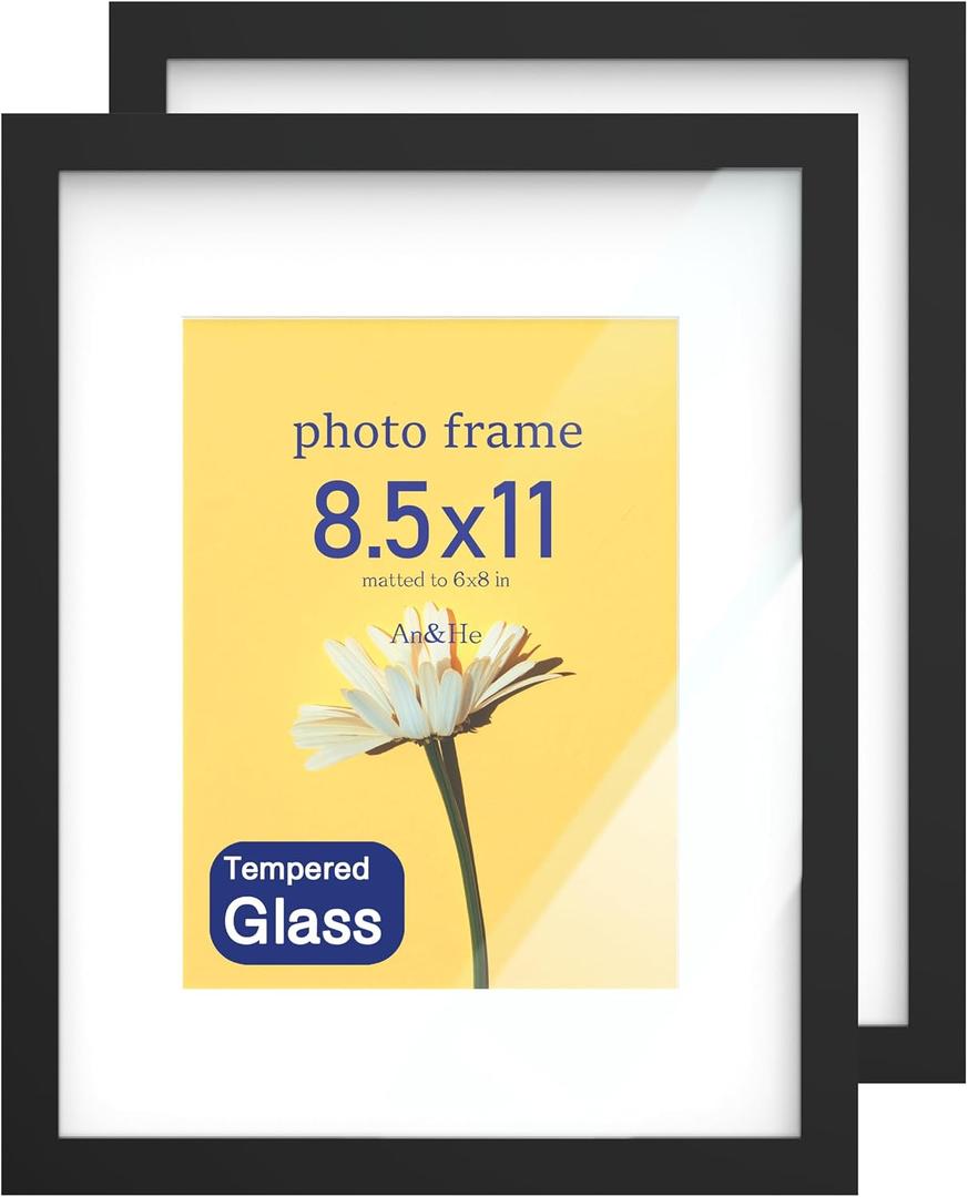 An&He 8.5 x 11 Picture Frame Set of 2, Black Photo Frame, Wooden Picture Frame with High Definition Glass for Wall & Tabletop Display