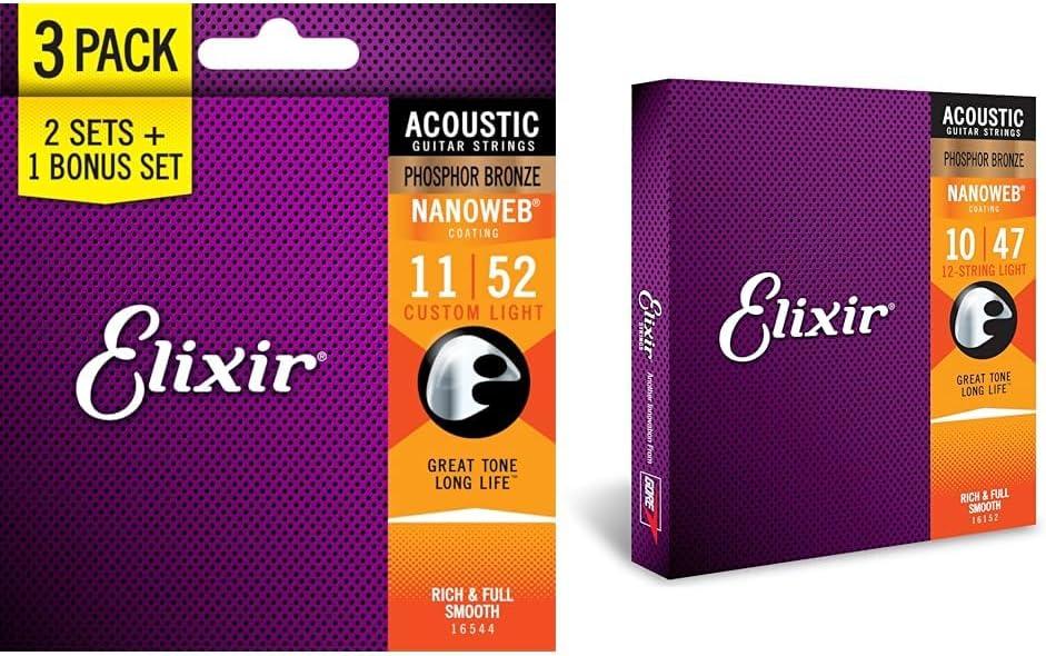 Elixir Strings Acoustic Guitar Phosphor Bronze Strings with NANOWEB Coating, 3 Pack & Strings - Acoustic Phosphor Bronze with NANOWEB Coating - Elixir Acoustic Guitar Strings