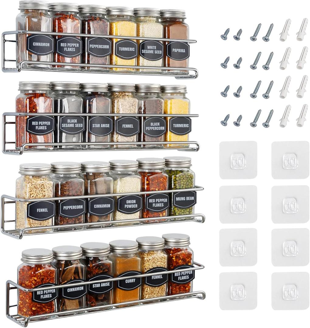 4 x Ultimate Hostess Spice Rack Wall Mounted 4 Tier Space-Saving Kitchen Spice Organizer for Seasonings Screw or Adhesive Hanging Wall Mount Hanging Spice Rack for Wall, Cabinet, Pantry Door