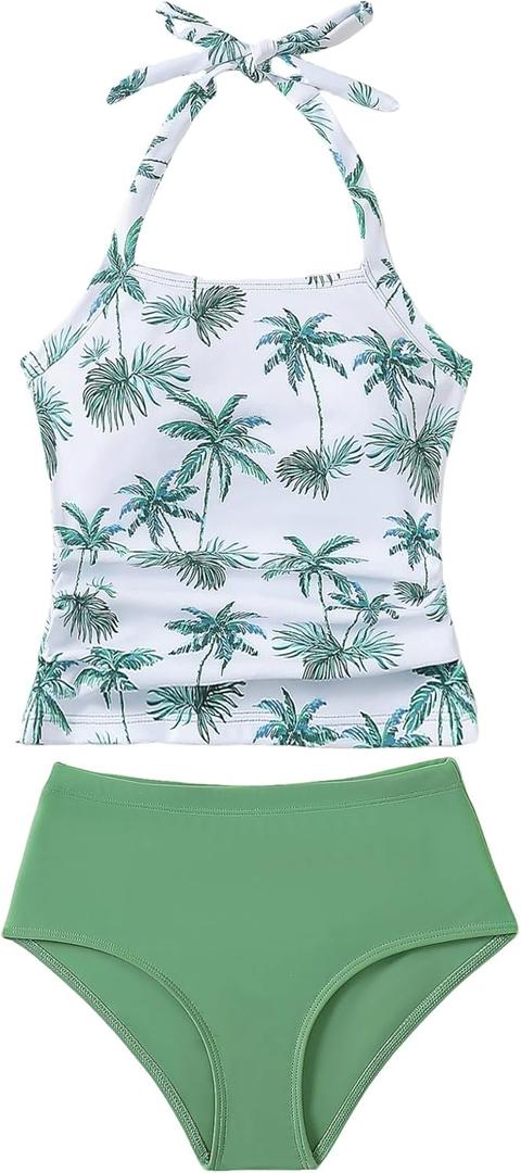 YOURUIKEY Girls Tankini Swimsuit 2 Piece Halterneck Bathing Suit Adjustable Straps and Removable Bra for Girls and Teen 7-16Y