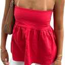 Women Strapless Smocked Peplum Tops Y2k Bubble Ruffle Babydoll Tube Top Off Shoulder Bandeau Going Out Tanks (Medium)