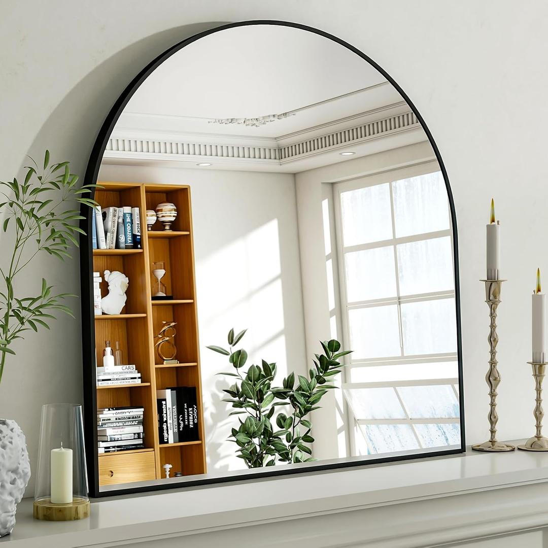 Arched Bathroom Mirror, 32x34 Inch - Wall Mounted Vanity Mirror with Aluminum Alloy Frame - Ideal for Living Room, Bedroom, Bathroom, and Entryway, Hanging or Leaning, Black