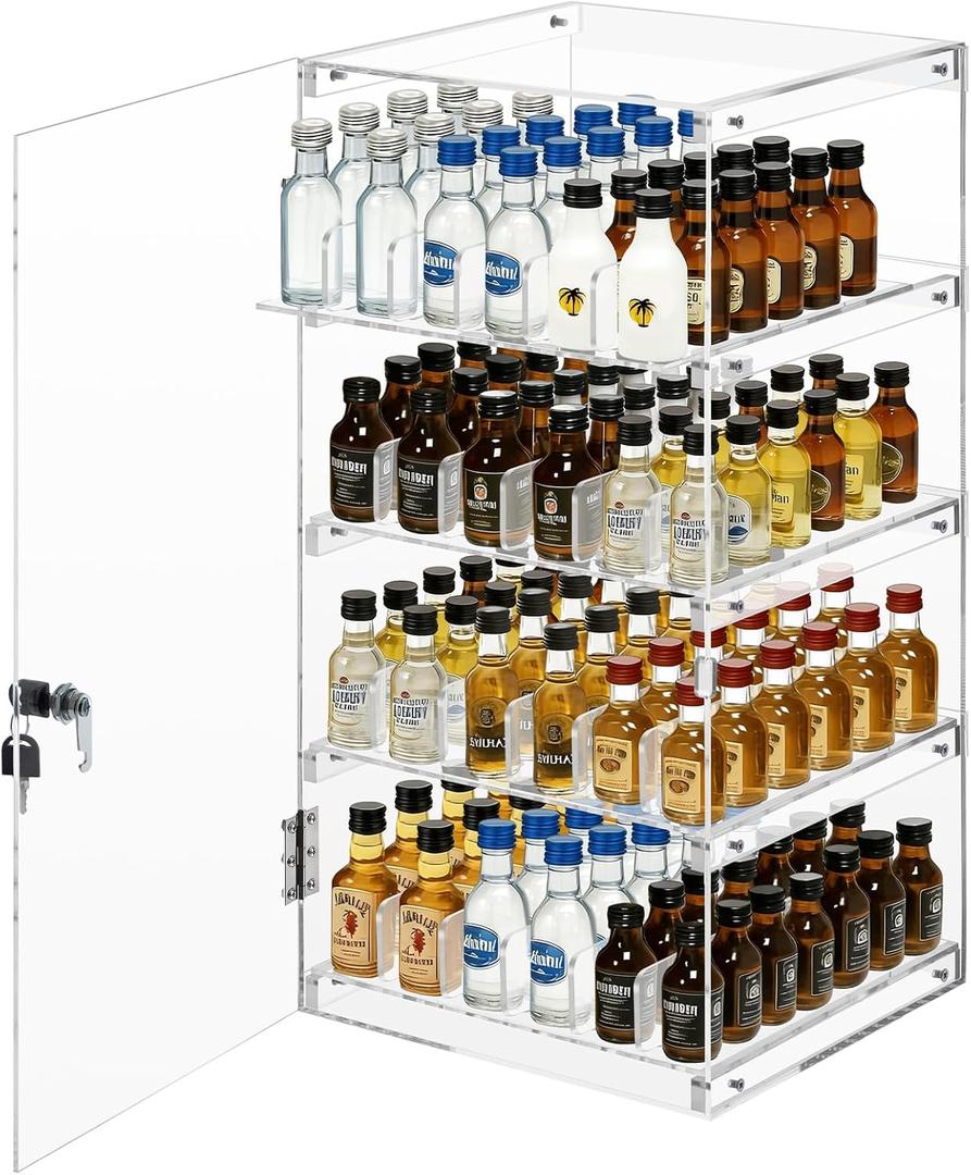 Cinnvoice 12"x12"x24" Acrylic Display Case with Lock for 50ml Mini Liquor Bottles Retail Commercial Countertop Rack Adjustable Dividers for Mini Bottles Alcohol