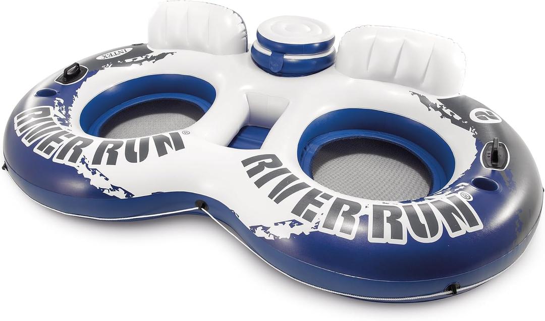 INTEX 58837EP River Run 2 Inflatable Floating Lounge: Comfortable Backrests Built-in Cup Holders Cooler with Lid 2 Person 440lb Weight Capacity