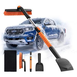 45" Extendable Snow Brush and Ice Scrapers for Car Windshield [360 Rotating Snow Brush Head] Military-Grade Sturdy Ice Scraper for Sedans, SUVs and Trucks Easy Storage Orange