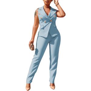 Women's Business Blazer Suit Ruffles Sleeveless Solid Two Piece Pant Set Professional Work Outfit for Office