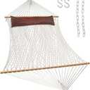 Lazy Daze Hammocks 12FT Double Rope Hammocks, 2 Person Hand Woven Cotton Hammock with Pillow and Spreader Bar for Outside, Patio, Poolside, FIT 13-15 Ft Stand, Max 450 Lbs, Natural, 141 x 57 inches