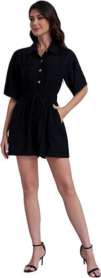 Women's Summer Short Rompers Boho Solid Color Jumpsuit V neck Button Short Sleeve Belt Jumpsuit With Pockets, Small