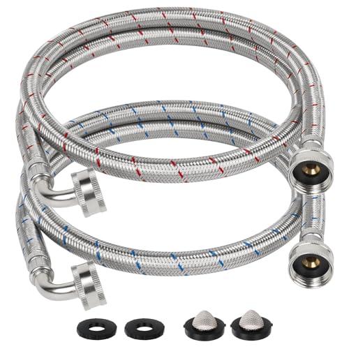 KAINGA 4 FT Washing Machine Hoses with 90 Degree Elbow, Stainless Steel Braided Washer Hose Supply Line with 3/4" FHT Connectors for Short to Moderate-Residential Water Supply, Red & Blue, 2 Pack