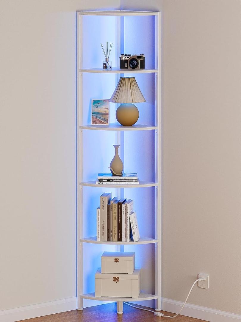 Furnulem 6 Tier Corner Shelf with LED Light, 67.5 Tall Standing Shelf Organizer, White Narrow Bookshelf with Storage Rack for Wall Corner, Living Room, Bedroom, Metal Frame, Wood Display Shelf