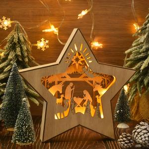 Nativity Scene Christmas Ornament, 3D Layered Holy Family LED Lights Decoration for Table/Shelves/Fireplace, Rustic Wooden Farmhouse Holiday Home Decoration (Wood Color)