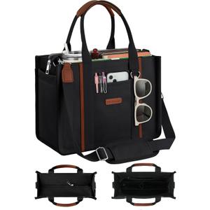 FIORETTO Womens Canvas Tote Bag Purse with Zipper, Multi Compartment & Reinforced Bottom, Ideal for Work, Bible, Travel (Medium, Black)